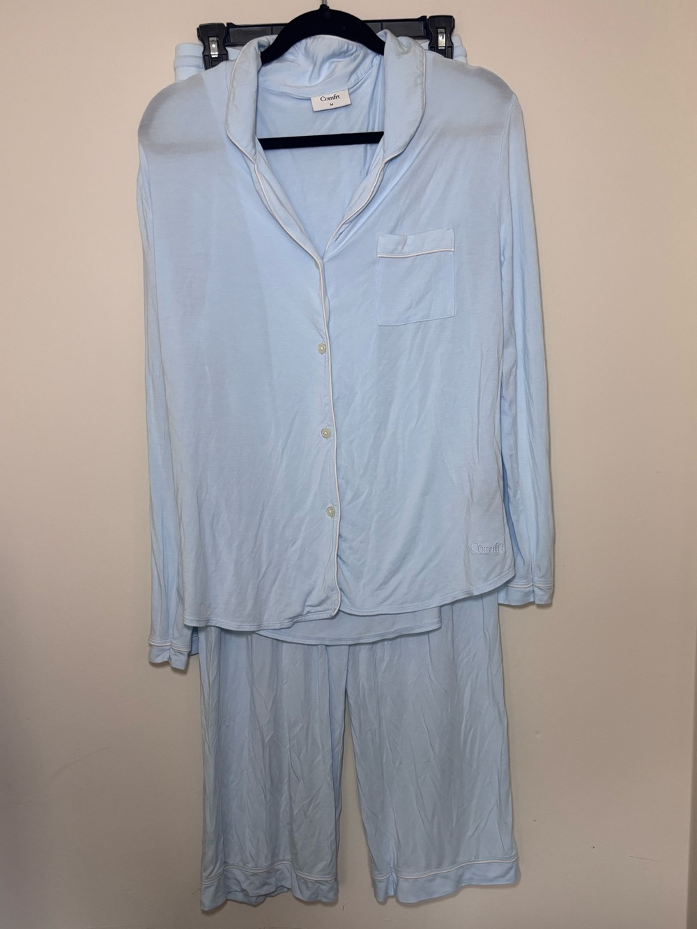 Comfrt Modal Pajama Set Light Blue Button Front Long Sleeve & Pants Size M
